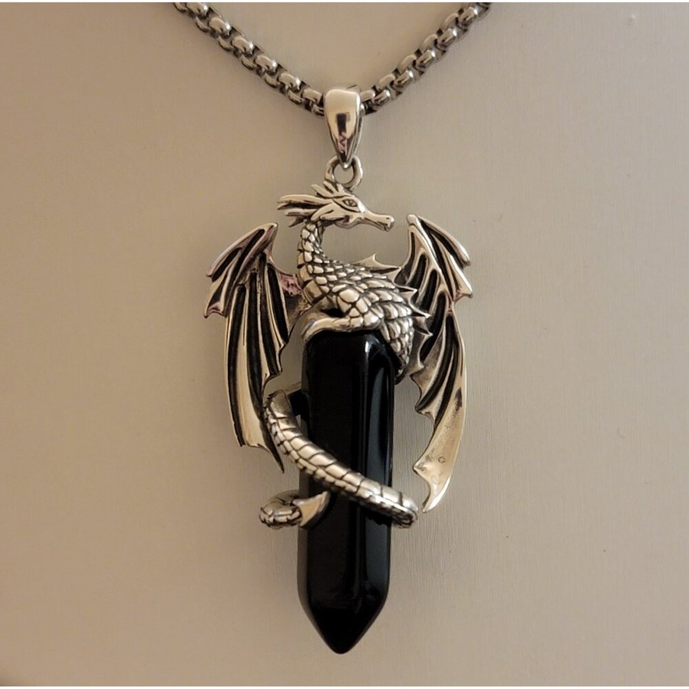 925 Sterling Silver Dragon Pendant Obsidian Viking Necklace Unisex NWT